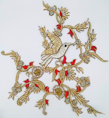Large Hand Embroidered Sparkly Bird Applique With Red, Silver and Gold Embroidery With Zardozi Work, Bird and Floral Applique